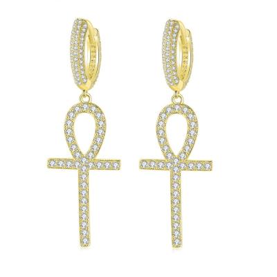 China New FASHIONABLE INS Design European Egyptian Jewelry Iced Out CZ Ankh Cross Pendant Dangle Earring OHE046 for sale