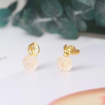 China 2021 New Cute Design Bee Rose Flower Natural Rose Quartz 925 Pendientes Mujer Drop Earring EI120 for sale