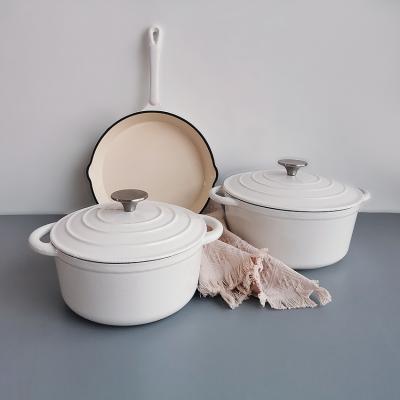 China Durable Heavy Duty Non-Stick White Enameled Cast Iron Pot Set Oven Casserole Dutch Dish and Pan Customized Possible to Fry for sale