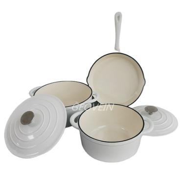 China 5 Piece Sustainable White Enamel Cast Iron Non-Stick Cookware Pots And Pans Sets for sale