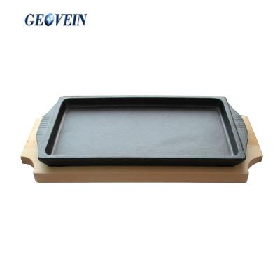 China Sustainable Rectangle Cast Iron Steak Tray Sizzling Plate Griddle With Wooden Base for sale