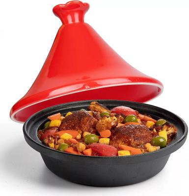 China Home Kitchen Caribbean One-pot Cooking Enamel Cast Iron Tagine Stew Pot With Ceramic Cone Cover for sale