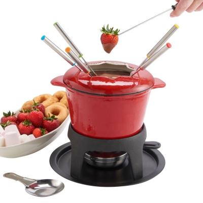 China 12 PCS Sustainable Cast Iron Fondue Set With Chinese Fondue Pot Forks Stainless Steel Alcohol Though And Base for sale