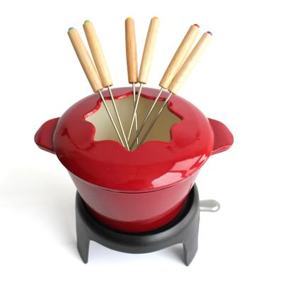 China Sustainable 12 Piece Red Melt Fondue Set With Fondue Pot / 6 Fondue Forks / Fondue Burner And Fondue Pot Bottom for sale