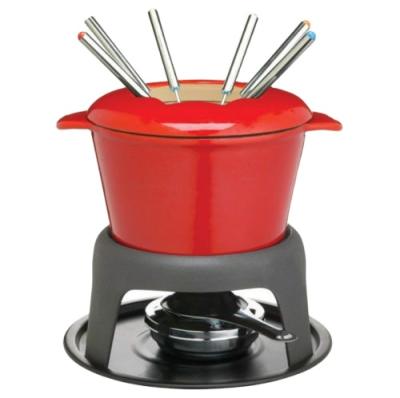 China Sustainable Elegant Cast Iron Enamel Porcelain Fondue Set Red 11 Piece Cast Iron Cheese And Chocolate Fondue Set for sale