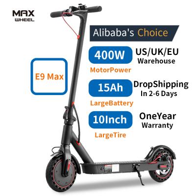 China Warehouse Unisex Stock of Maxwheel E9 Max Fast Light Electric Scooters Spain Foldable 10 Inch Honeycomb Tire 400w 15ah Battery E Scooters for sale