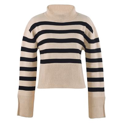 China Women's anti-pilling sweater striped casual high neck top sleeve women's loose knitted sweater autumn and winter long for sale