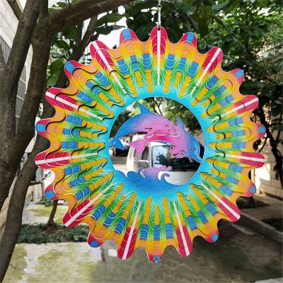 China Custom Minimalist 12 Inch Large Mandala 3D Color Printing Stainless Steel Wind Spinner Outdoor Metal Garden Wind Spinners for sale