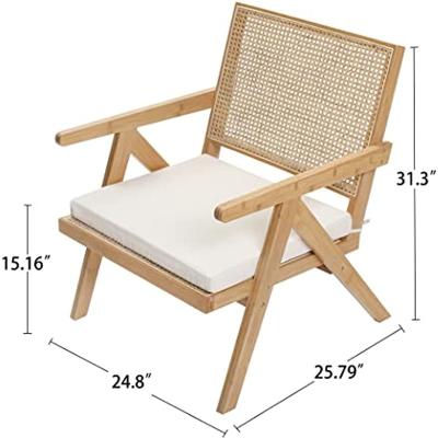 China Mid Century Modern Rattan Armchairs Cooling Handmade Natural Accent Chairs with Cane Back and Solid Wood Base, Upholstered Canvas Leisure for sale