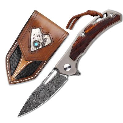 China Titanium and Ironwood Handle EDC Sweden Damasteel Non-variable Steel Folding Hunting Knives For Outdoor Survival Damascus Pocket Knife for sale