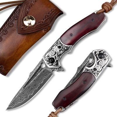 China New Rosewood Handle Non-variable Outdoor EDC Pocket Knives For Men Hunting With Leather Sheath Damascus Folding Tactical Knife for sale