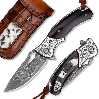 China Non-variable Handmade Outdoor Survival Hunting Knives Leather Rosewood Sheath EDC Damascus Steel Folding Pocket Knife With Clip for sale