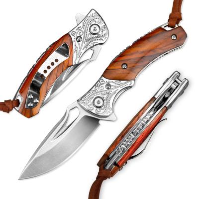 China Rosewood Handle Non-Variable Handmade EDC Folding Hunting Knives For Men With Leather Sheath Tactical M390 Pocket Knife for sale