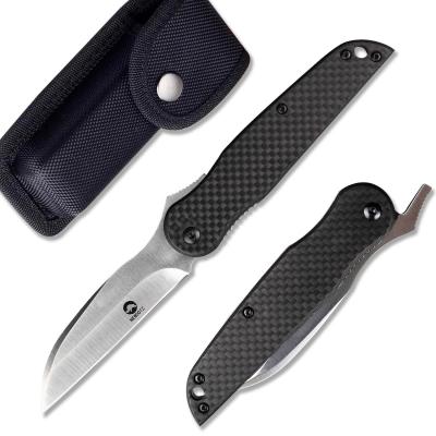 China Thumb Button Japanese Style D2 Tool Steel Carbon Fiber Handle Folding Pocket Knife for sale