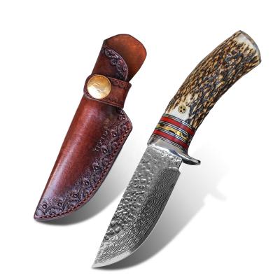 China Handmade Non-variable Damascus Steel Sheath Knives Fixed Blade Survival Outdoor Hunting Knife With Antlers Handle for sale