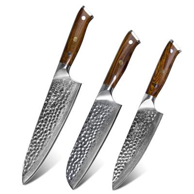 China Disposable Ironwood 3pcs Handle Cooking Japanese Steel Chef Knife Kitchen VG10 Damascus Steel Knife Set for sale