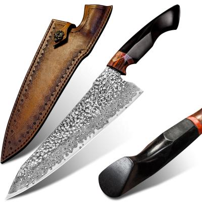 China Handmade Chef Stocked 8.5in Ebony Wood Handle Japanese VG10 Damascus Stainless Steel Blade Kitchen Knife With Leather Sheath for sale