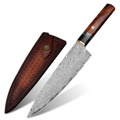 China Small Handmade Steel Japanese Chef Stocked MOQ 8in Ironwood Damascus Kitchen Knife and Fossil Handle for sale