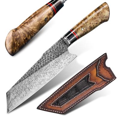 China Hot Sale 8in Burl Stabilized Handle VG10 Damascus Stainless Steel Kitchen Santoku Knife Japanese Stocked Blade Leather Sheath for sale