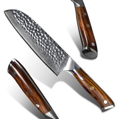 China Professional Stocked Damascus Steel Kitchen Chef Cutting Santoku Knife With Dessert Ironwood for sale