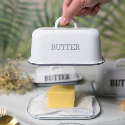 China Eclectic Printing Enamel Export UK Thickened Enamel With Lid Pastry Tray Enamel Butter Box Cheese Storage Box for sale