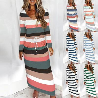 China Lady 2021 Autumn And Winter Women's Clothing V-Neck Party Streetwear Anti-Static Casual Loose Print Striped Long Sleeve One-Piece Dress for sale