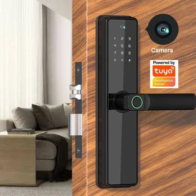 China Innovative Tuya Smart Door Lock With Camera Biometric Fingerprint Password For Wooden Doors for sale