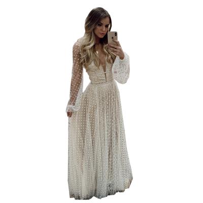 China 2022 Sexy Deep Slim Dress Long Sleeve V Sleeve Tulle Wave Point Casual Style Anti-static Hot Sale Long Dress for sale