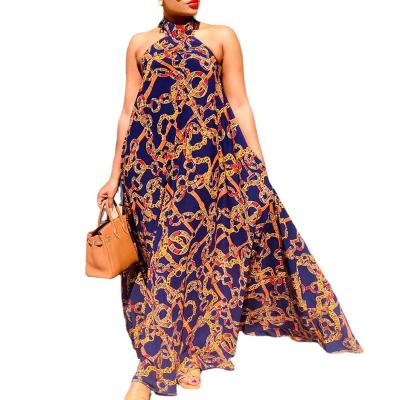 China 2022 Vacation Style Anti-Static Women's Sleeveless Neck Plus Size Less Backless Dress African Print Dress for sale