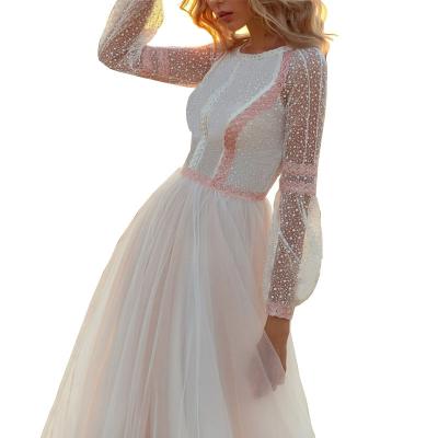 China 2022 New Anti-wrinkle Lace Perspective Wedding Dress Long Dress Sexy Slim Sleeve Elegant Dress for sale