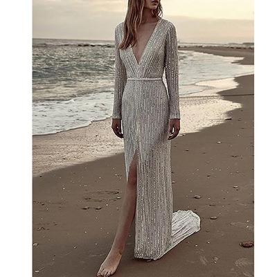 China Anti-Wrinkle Sexy Deep V Silver Sequined High Slit Charming Long Sleeve Party Dress Evening Dress for sale