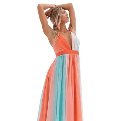 China 2022 Summer New Arrival Fashion Top Women Breathable V-Neck Dresses Rainbow Maxi Dresses Women Deep Sexy Halter Dress for sale