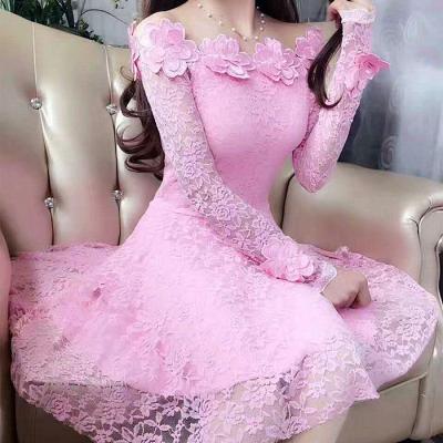 China 2022 new arrival Anti-wrinkle flower one line three-dimensional long sleeve fashional lace princess dress petite petite dress slim dress for sale