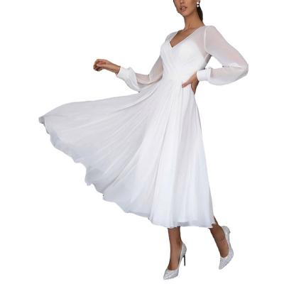 China 2022 New Arrival Drop Shipping Pure White Color Anti-static Sexy Long Sleeves Chiffon Georgette Ruffle Trim Gauze Swing Mesh Dress for sale