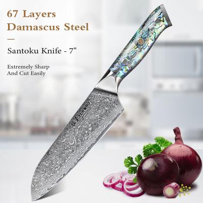 China Sustainable Sharp Japanese Damascus Steel Chefs Santoku Knife With Abalone Handle for sale