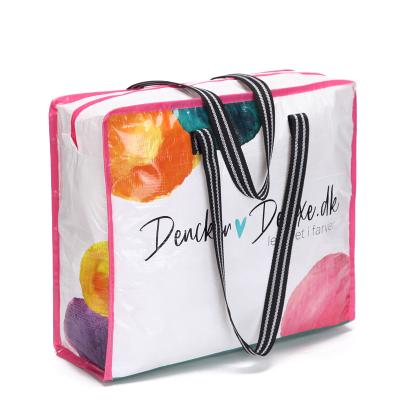 China Wholesale Reusable Bag Washable Customize Logo Durable Eco-friendly Handled Laminated PP RPET Shopping Bag With Zipper for sale