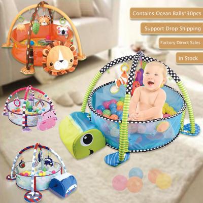 China Educational Toy Barrel 3 in 1 Multi Functional Fitness Rack Baby Gym Play Sleep Mat with Animal Rattle for sale