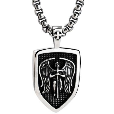 China Attractive Vintage Shield Angel For Men Large Arkhangel Pendant Stmichael Shield Stainless Steel Necklace for sale