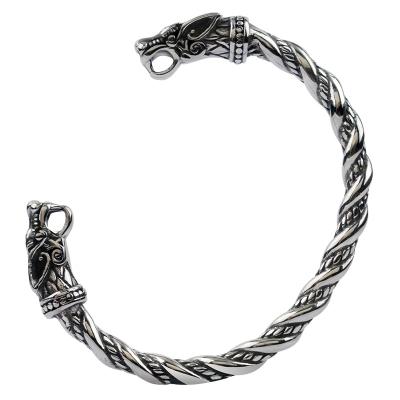 China Vintage Viking Wolf Head Stainless Steel Open Bangle For Unisex Open Cuff Twisted Style Cut Out for sale