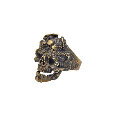 China 3D Exquisite Carving Dragon Skull Men's Ring Double Retro Design European and American Popular Jewelry Brass Adjustable Opening for sale