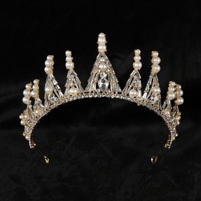 China Luxury Alloy Gold Crown with Rhinestones and Pearls Crown for Queens for sale