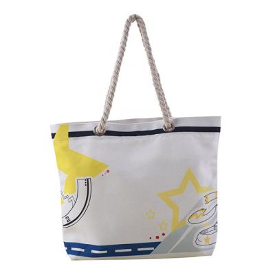 China Gift & Craft Summer Beach Cotton Canvas Tote Bag Zipper Closure Braided Large Rope Handles Inside Pocket for sale