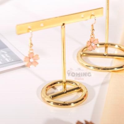 China Wholesale Luxury Metal Jewelry Glitter Metal Earrings Display Stand With T Shaped And Round Base With Gold Finishing for sale