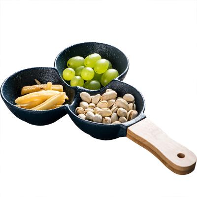 China Sustainable Good Prices Ceramic Snack Stone Dishes With Wooden Handle Dinner Plate For Party for sale