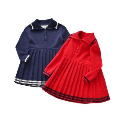 China New Designer Vintage Little Girl Anti-Shrink Dark Blue Long Sleeve Pleated Sweater Dress for sale