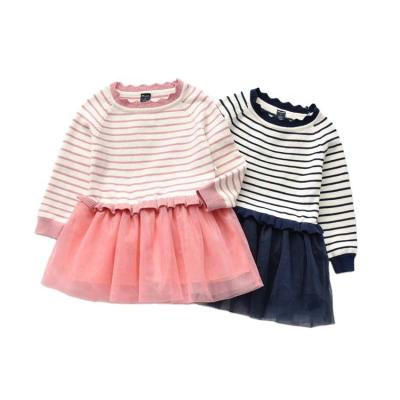 China Baby Girl Stripe Stripe Tulle Sweater Dress Child Anti-Shrink Wholesale Round Neck Spring Clothing Wear for sale