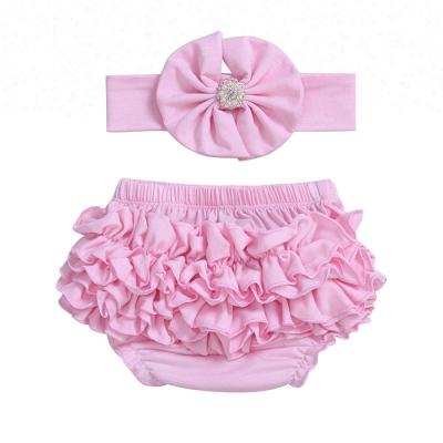 China Lovely breathable pink babies ruffles baby bloomers and headband wholesale set for sale