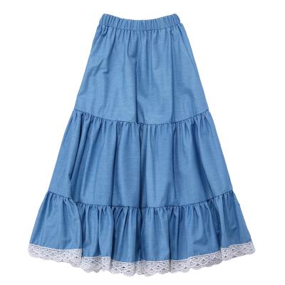 China Washable Toddler Girl Cotton Boutique KAPU Denim Skirt Long Pleated Baby Lattice Skirt for sale