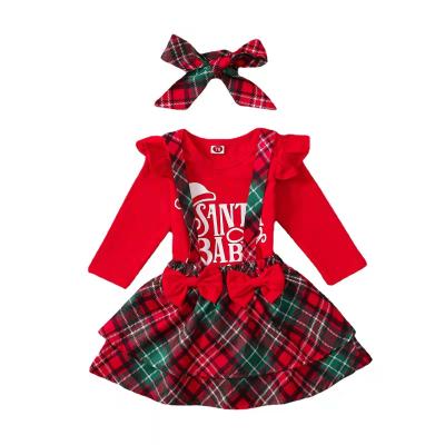 China Merry Christmas Baby Clothes Set Kids Cotton Romper Plaid Bowknot Suspender Skirt Headband 3pcs Anti-Shrink Outfit for sale