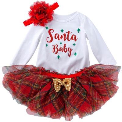 China Puffy Baby Santa Outfits Infant Party Clothing 3Pcs Christmas Anti Shrink Plaid Skirt Headband Romper Clothes Set for sale